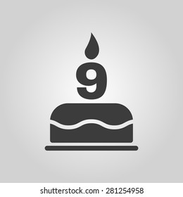 The birthday cake with candles in the form of number 9 icon. Birthday symbol. Flat Vector illustration