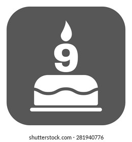 The birthday cake with candles in the form of number 9 icon. Birthday symbol. Flat Vector illustration. Button