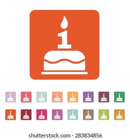 The birthday cake with candles in the form of number 1 icon. Birthday symbol. Flat Vector illustration. Button Set