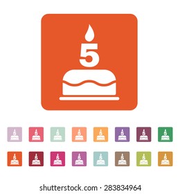 The birthday cake with candles in the form of number 5 icon. Birthday symbol. Flat Vector illustration. Button Set