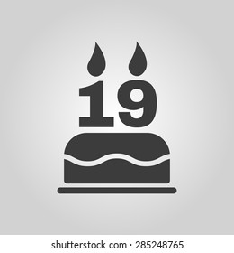 The birthday cake with candles in the form of number 19 icon. Birthday symbol. Flat Vector illustration