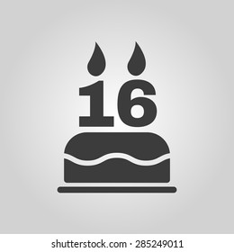 The birthday cake with candles in the form of number 16 icon. Birthday symbol. Flat Vector illustration