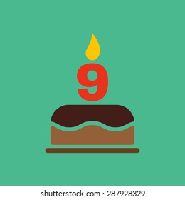 The birthday cake with candles in the form of number 9 icon. Birthday symbol. Flat Vector illustration