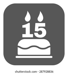 The birthday cake with candles in the form of number 15 icon. Birthday symbol. Flat Vector illustration. Button