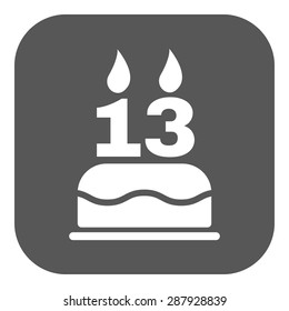 The birthday cake with candles in the form of number 13 icon. Birthday symbol. Flat Vector illustration. Button