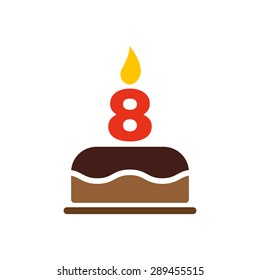 The birthday cake with candles in the form of number 8 icon. Birthday symbol. Flat Vector illustration.