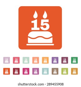 The birthday cake with candles in the form of number 15 icon. Birthday symbol. Flat Vector illustration. Button Set