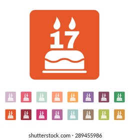 The birthday cake with candles in the form of number 17 icon. Birthday symbol. Flat Vector illustration. Button Set