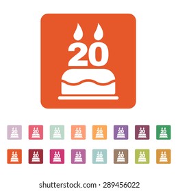 The birthday cake with candles in the form of number 20 icon. Birthday symbol. Flat Vector illustration. Button Set