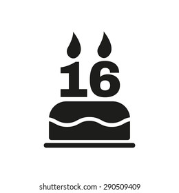 The birthday cake with candles in the form of number 16 icon. Birthday symbol. Flat Vector illustration