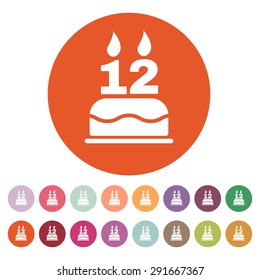 The birthday cake with candles in the form of number 12 icon. Birthday symbol. Flat Vector illustration. Button Set