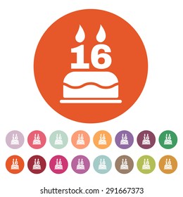 The birthday cake with candles in the form of number 16 icon. Birthday symbol. Flat Vector illustration. Button Set