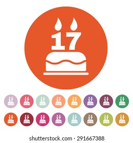 The birthday cake with candles in the form of number 17 icon. Birthday symbol. Flat Vector illustration. Button Set