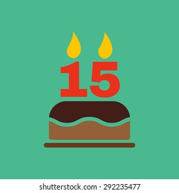 The birthday cake with candles in the form of number 15 icon. Birthday symbol. Flat Vector illustration