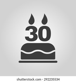 The birthday cake with candles in the form of number 30 icon. Birthday symbol. Flat Vector illustration