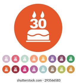 The birthday cake with candles in the form of number 30 icon. Birthday symbol. Flat Vector illustration. Button Set