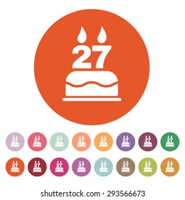 The birthday cake with candles in the form of number 27 icon. Birthday symbol. Flat Vector illustration. Button Set
