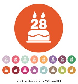 The birthday cake with candles in the form of number 28 icon. Birthday symbol. Flat Vector illustration. Button Set