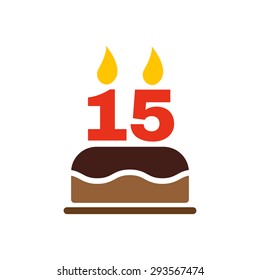 The birthday cake with candles in the form of number 15 icon. Birthday symbol. Flat Vector illustration