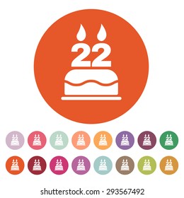 The birthday cake with candles in the form of number 22 icon. Birthday symbol. Flat Vector illustration. Button Set