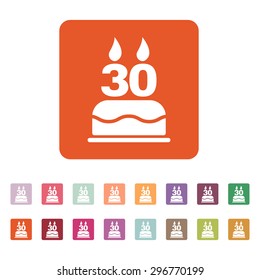 The birthday cake with candles in the form of number 30 icon. Birthday symbol. Flat Vector illustration. Button Set