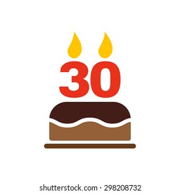 The birthday cake with candles in the form of number 30 icon. Birthday symbol. Flat Vector illustration
