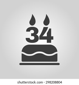 The birthday cake with candles in the form of number 34 icon. Birthday symbol. Flat Vector illustration