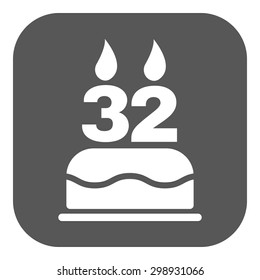 The birthday cake with candles in the form of number 32 icon. Birthday symbol. Flat Vector illustration. Button