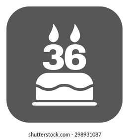 The birthday cake with candles in the form of number 36 icon. Birthday symbol. Flat Vector illustration. Button