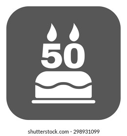 The birthday cake with candles in the form of number 50 icon. Birthday symbol. Flat Vector illustration. Button
