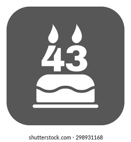 The birthday cake with candles in the form of number 43 icon. Birthday symbol. Flat Vector illustration. Button