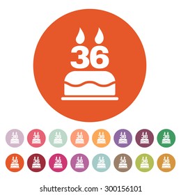The birthday cake with candles in the form of number 36 icon. Birthday symbol. Flat Vector illustration. Button Set