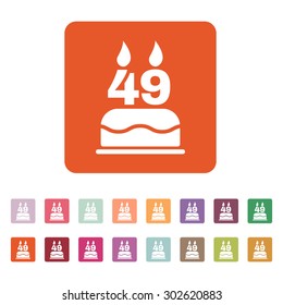 The birthday cake with candles in the form of number 49 icon. Birthday symbol. Flat Vector illustration. Button Set