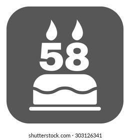 The birthday cake with candles in the form of number 58 icon. Birthday symbol. Flat Vector illustration. Button