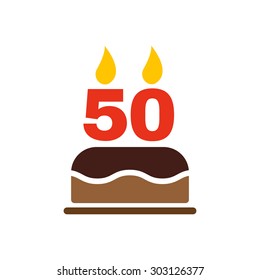 The birthday cake with candles in the form of number 50 icon. Birthday symbol. Flat Vector illustration