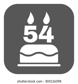 The birthday cake with candles in the form of number 54 icon. Birthday symbol. Flat Vector illustration. Button