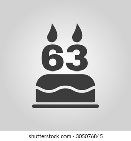 The birthday cake with candles in the form of number 63 icon. Birthday symbol. Flat Vector illustration