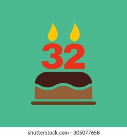 The birthday cake with candles in the form of number 32 icon. Birthday symbol. Flat Vector illustration