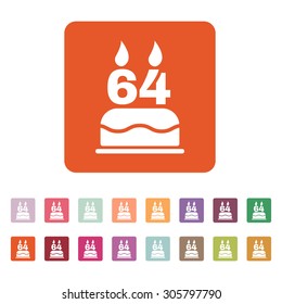 The birthday cake with candles in the form of number 64 icon. Birthday symbol. Flat Vector illustration. Button Set