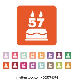 The birthday cake with candles in the form of number 57 icon. Birthday symbol. Flat Vector illustration. Button Set