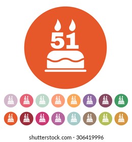 The birthday cake with candles in the form of number 51 icon. Birthday symbol. Flat Vector illustration. Button Set