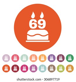 The birthday cake with candles in the form of number 69 icon. Birthday symbol. Flat Vector illustration. Button Set