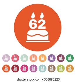 The birthday cake with candles in the form of number 62 icon. Birthday symbol. Flat Vector illustration. Button Set