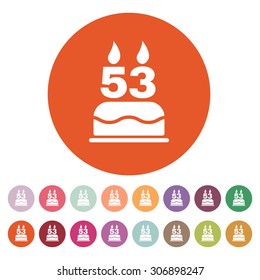 The birthday cake with candles in the form of number 53 icon. Birthday symbol. Flat Vector illustration. Button Set