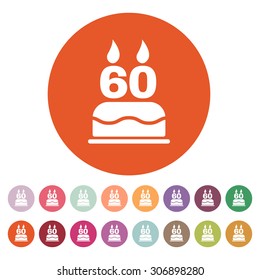The birthday cake with candles in the form of number 60 icon. Birthday symbol. Flat Vector illustration. Button Set