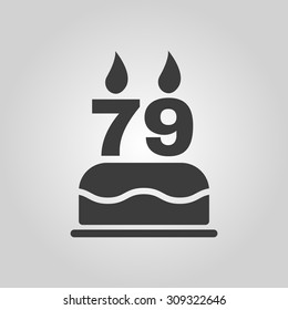 The birthday cake with candles in the form of number 79 icon. Birthday symbol. Flat Vector illustration