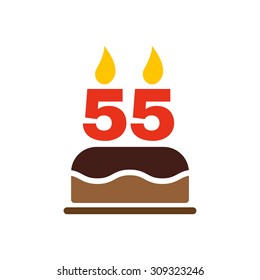 The birthday cake with candles in the form of number 55 icon. Birthday symbol. Flat Vector illustration