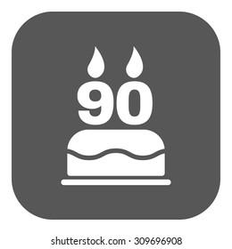 The birthday cake with candles in the form of number 90 icon. Birthday symbol. Flat Vector illustration. Button