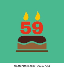 The birthday cake with candles in the form of number 59 icon. Birthday symbol. Flat Vector illustration