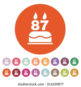 The birthday cake with candles in the form of number 87 icon. Birthday symbol. Flat Vector illustration. Button Set